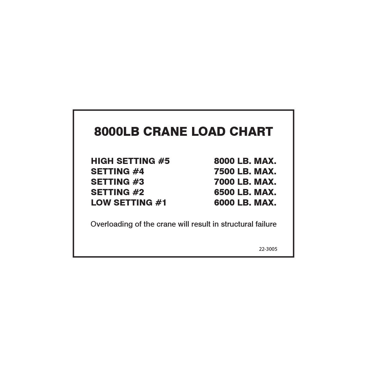 22-3005 Bin Crane - 8000 LB Load Chart
